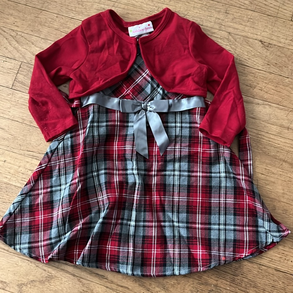 Red and Grey plaid dress with Red Sweater. 18 months
